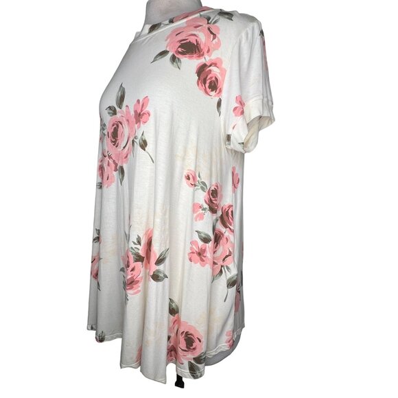 Lula Roe Medium Top short Sleeve Round Neck White Pink Floral Stretch - Picture 5 of 14